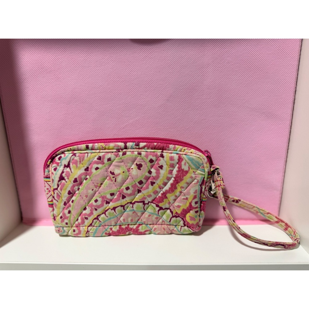 Vera Bradley Quilted Cotton Wristlet Pink Yellow Paisley Floral Zip Pouch